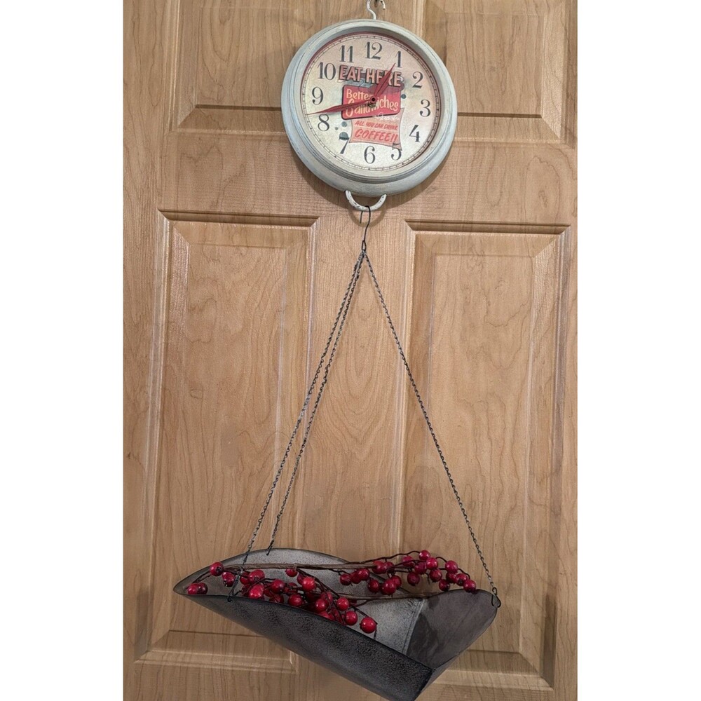 Distressed Retro- Style Clock Vintage Cafe- Inspired w/Hanging Scale Basket. GUC